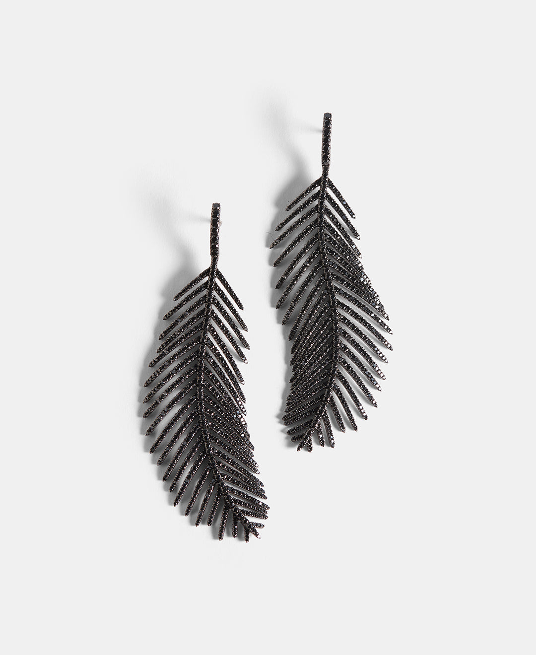 Black diamond Feathers that Move Earrings on a white background.