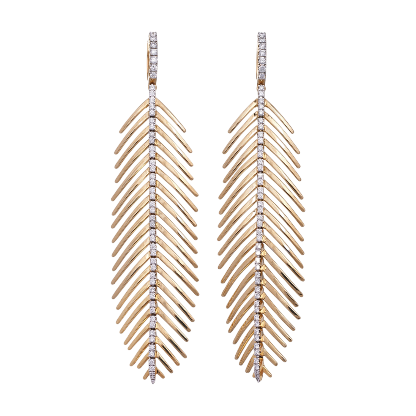 Feathers That Move Earrings with Diamond Spine | Yellow Gold with Diamond Spine / 3.25 Inches Long | Earrings