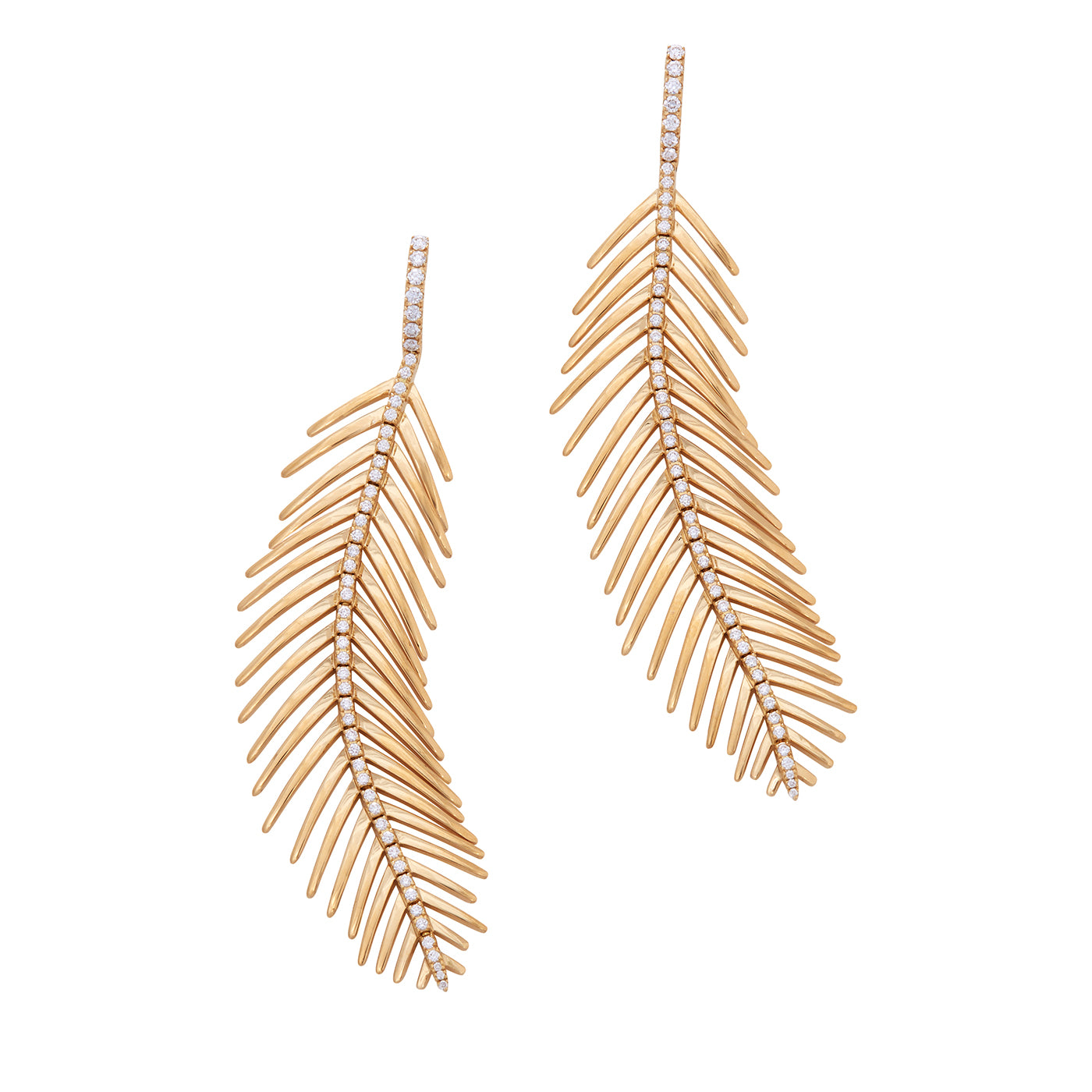 Feathers That Move Earrings with Diamond Spine | Yellow Gold with Diamond Spine / 3.25 Inches Long | Earrings