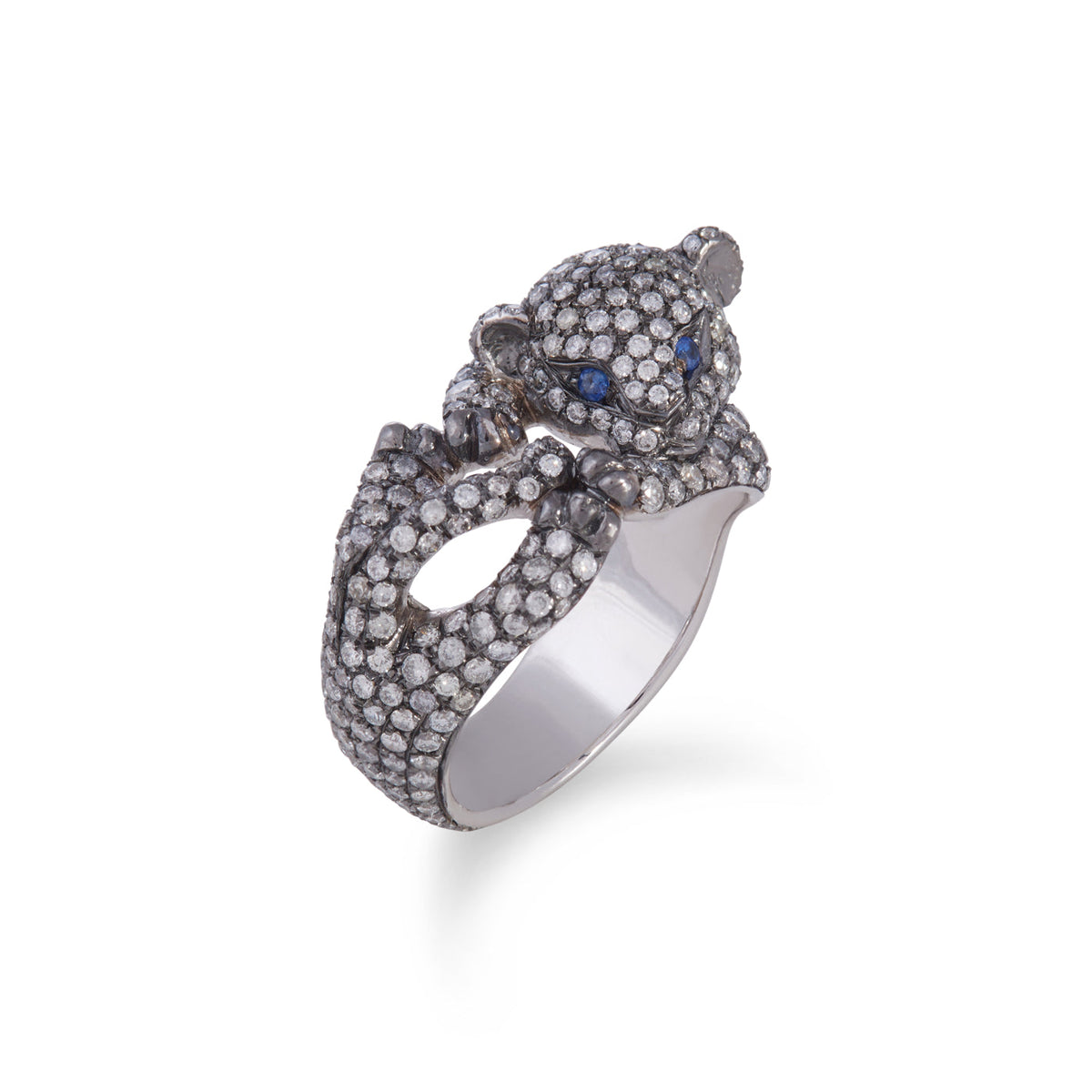 Kitty Kat Ring with Grey Diamonds and Sapphires