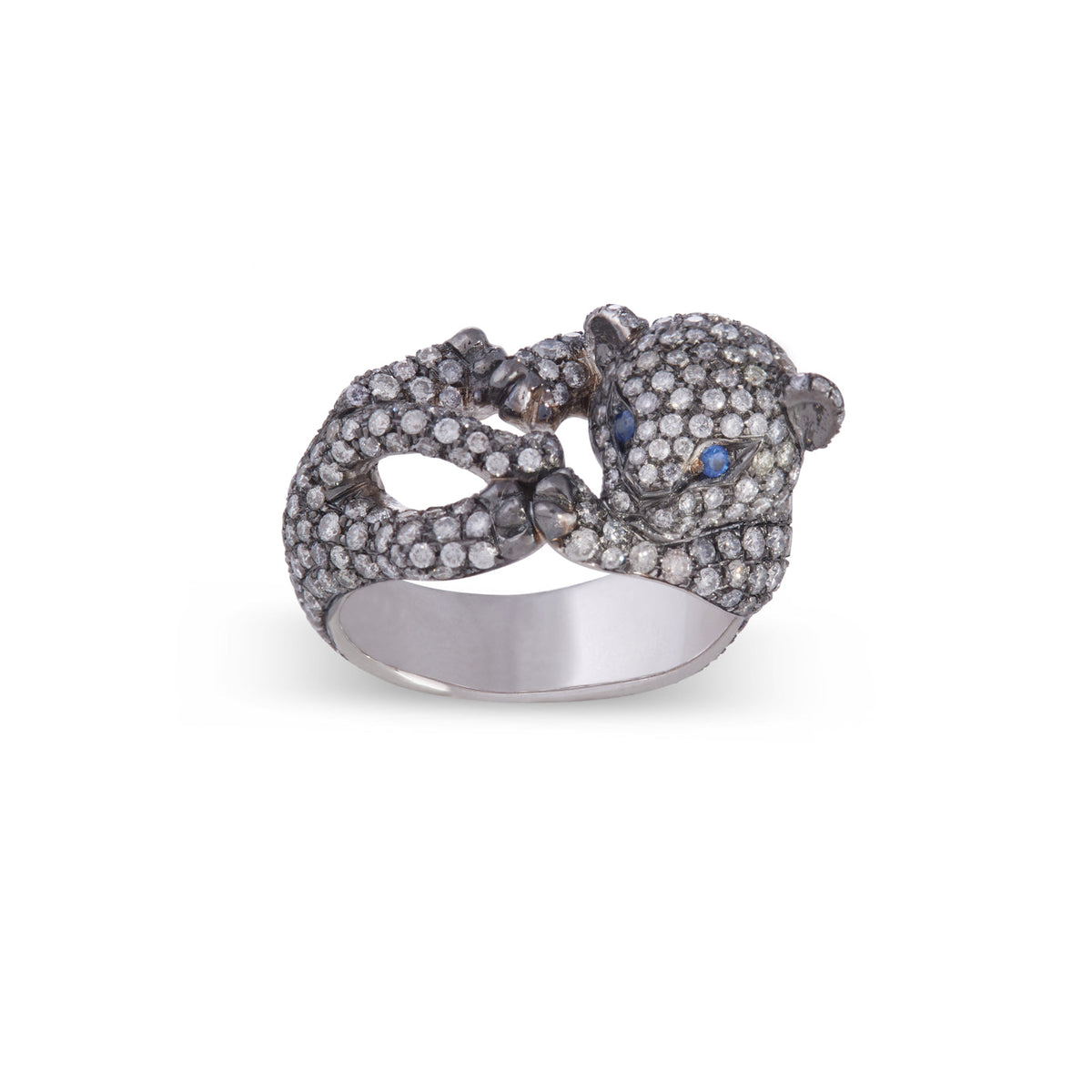 Kitty Kat Ring with Grey Diamonds and Sapphires