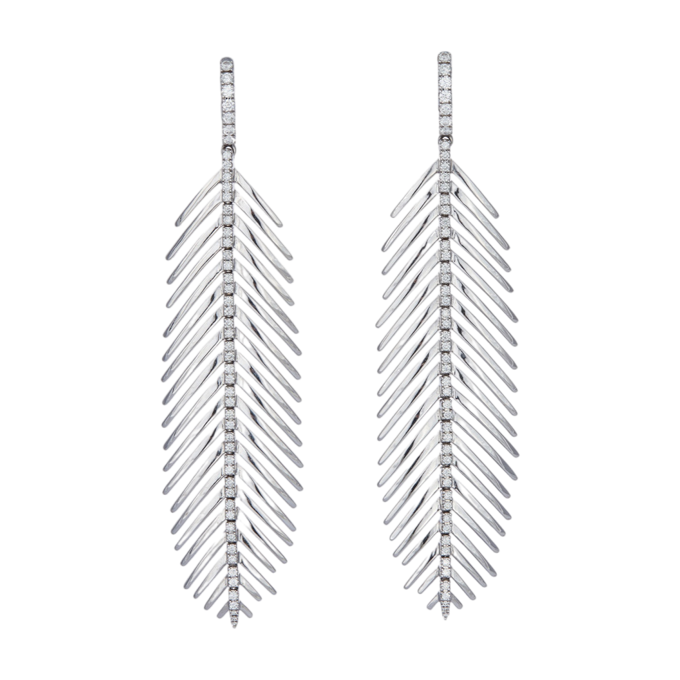 Silver feather-shaped dangle earrings with diamond accents by Sidney Garber