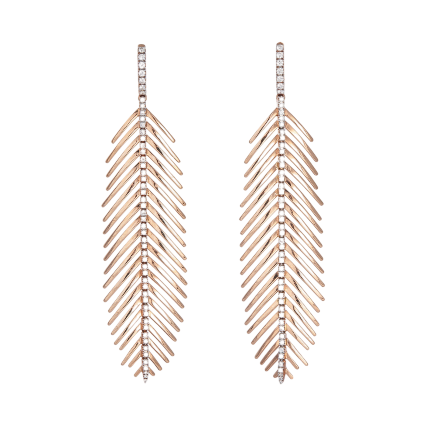 Feathers That Move Earrings with Diamond Spine | Rose Gold with Diamond Spine / 3.25 Inches Long | Earrings