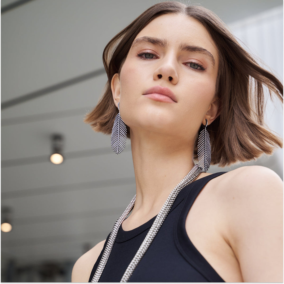 Titanium Feathers That Move Earrings with Diamond Pavé