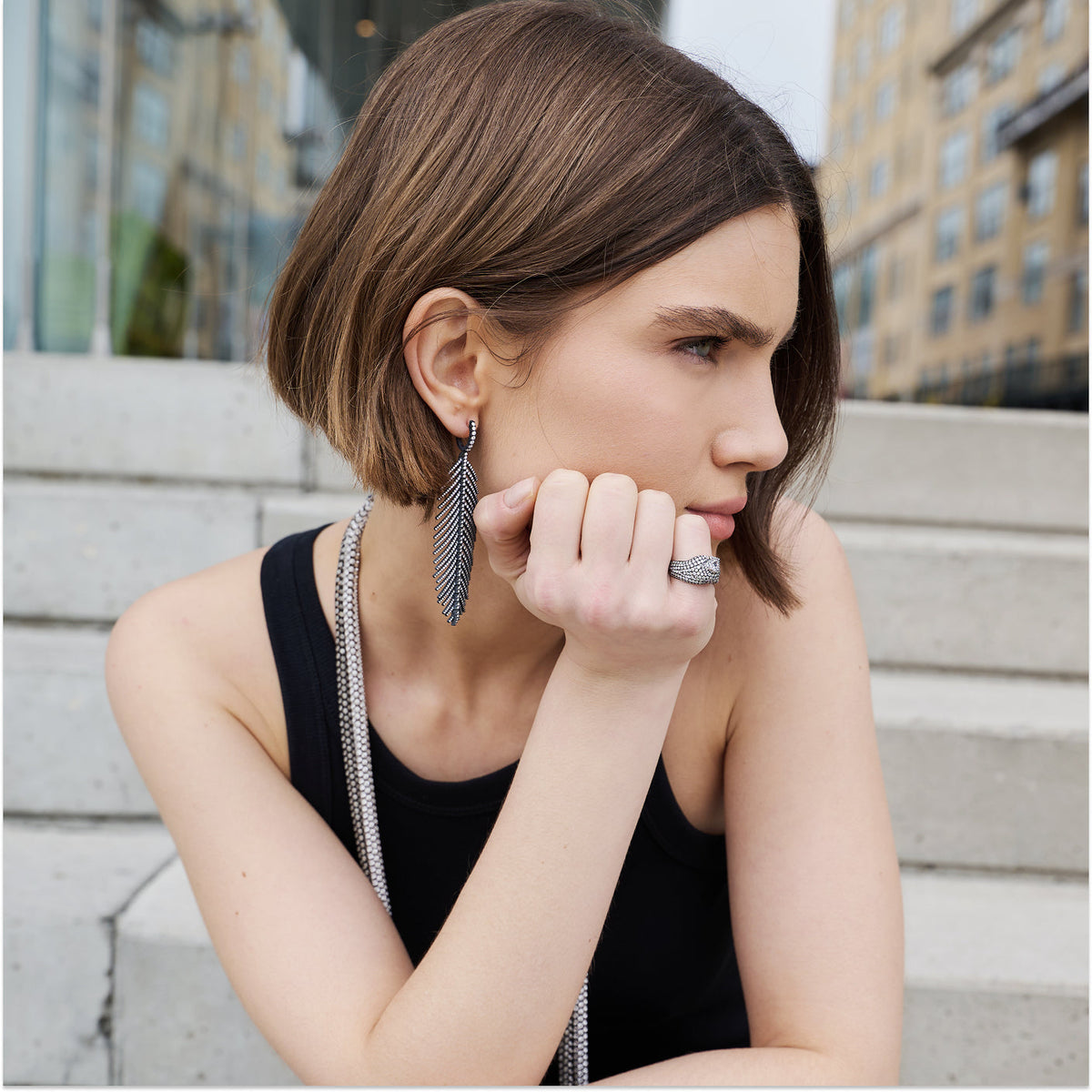 Titanium Feathers That Move Earrings with Diamond Pavé