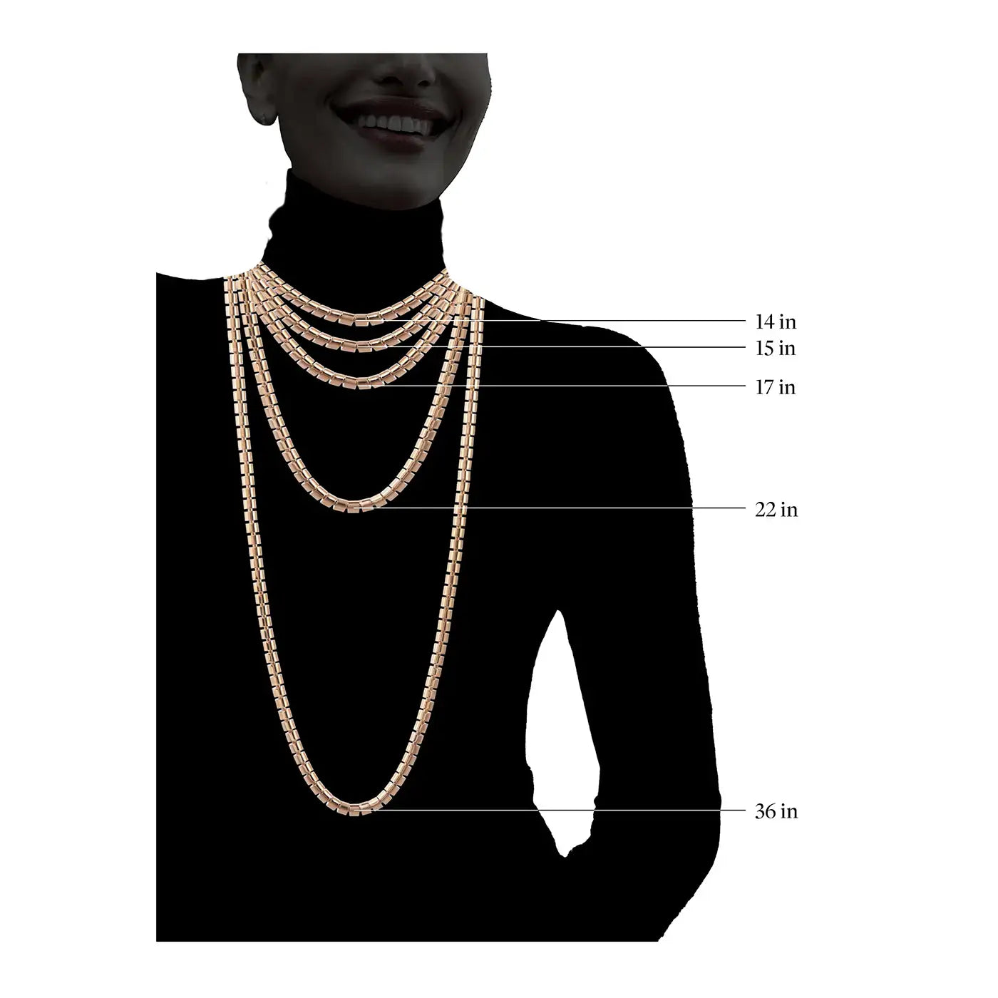 A size guide showing necklace lengths on a silhouette of a woman.