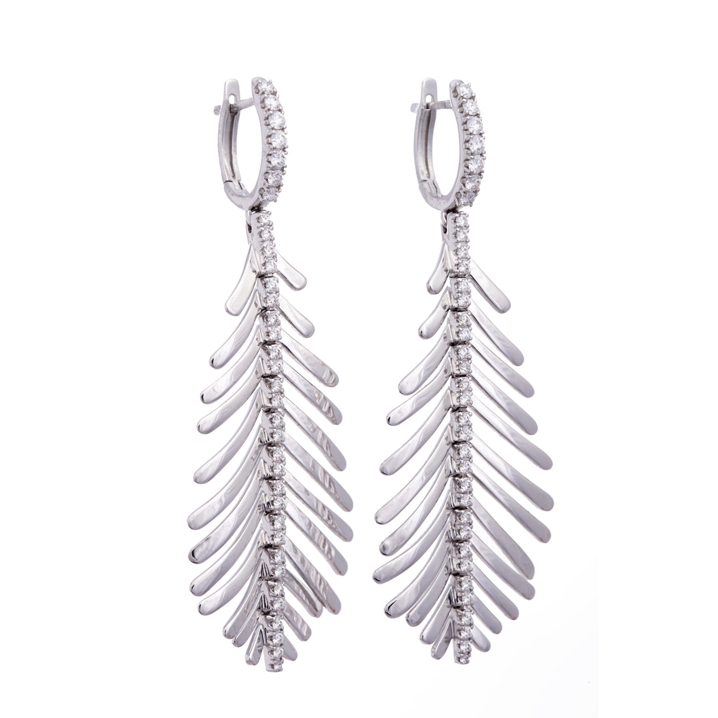 Pair of Plume Earrings with Diamond Spine featuring silver feather-shaped dangle design