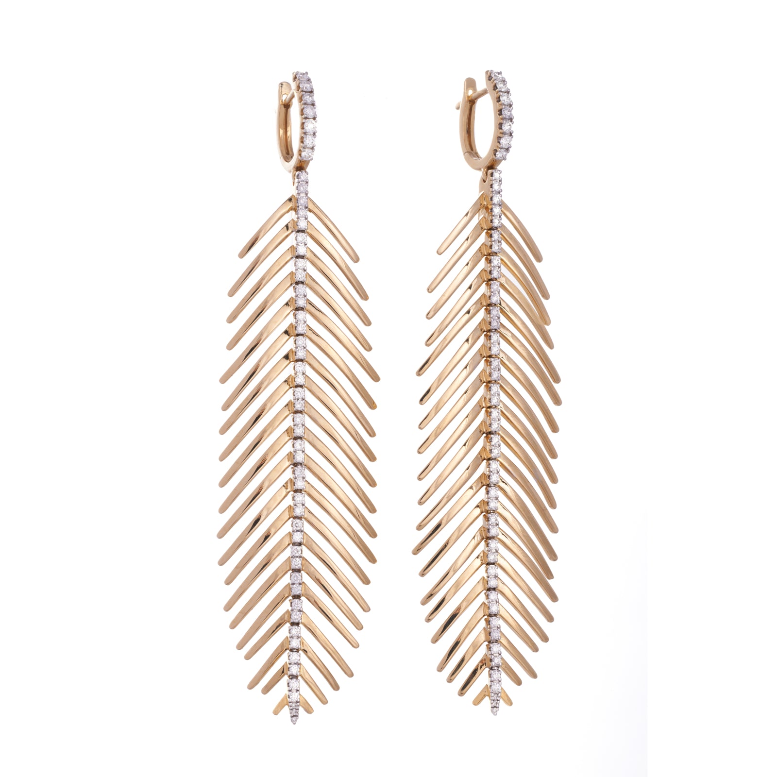 Feathers That Move Earrings with Diamond Spine | Yellow Gold with Diamond Spine / 3.25 Inches Long | Earrings