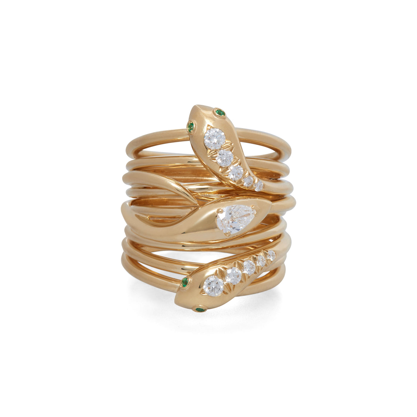 Serpentine Ring with Diamonds & Emeralds | Yellow Gold | Rings