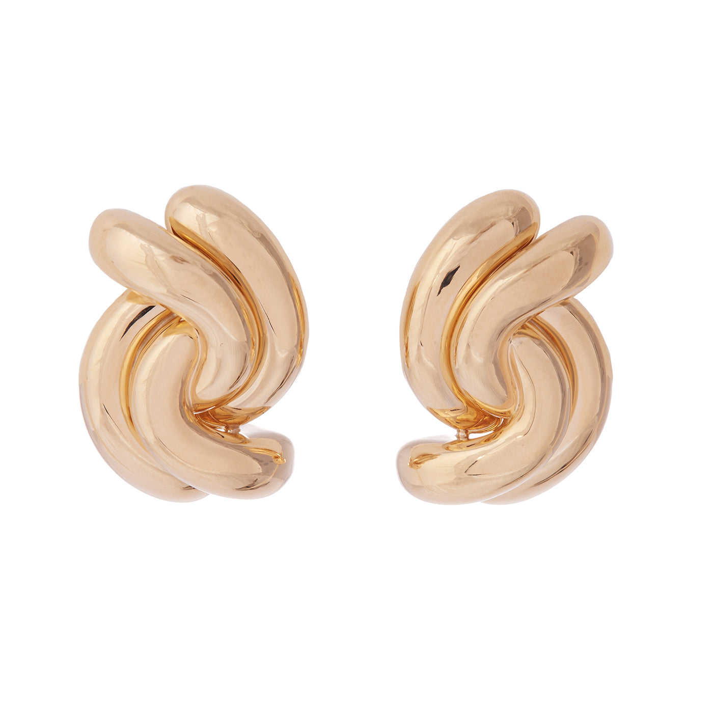 Two swirl earrings in yellow gold on a white background.