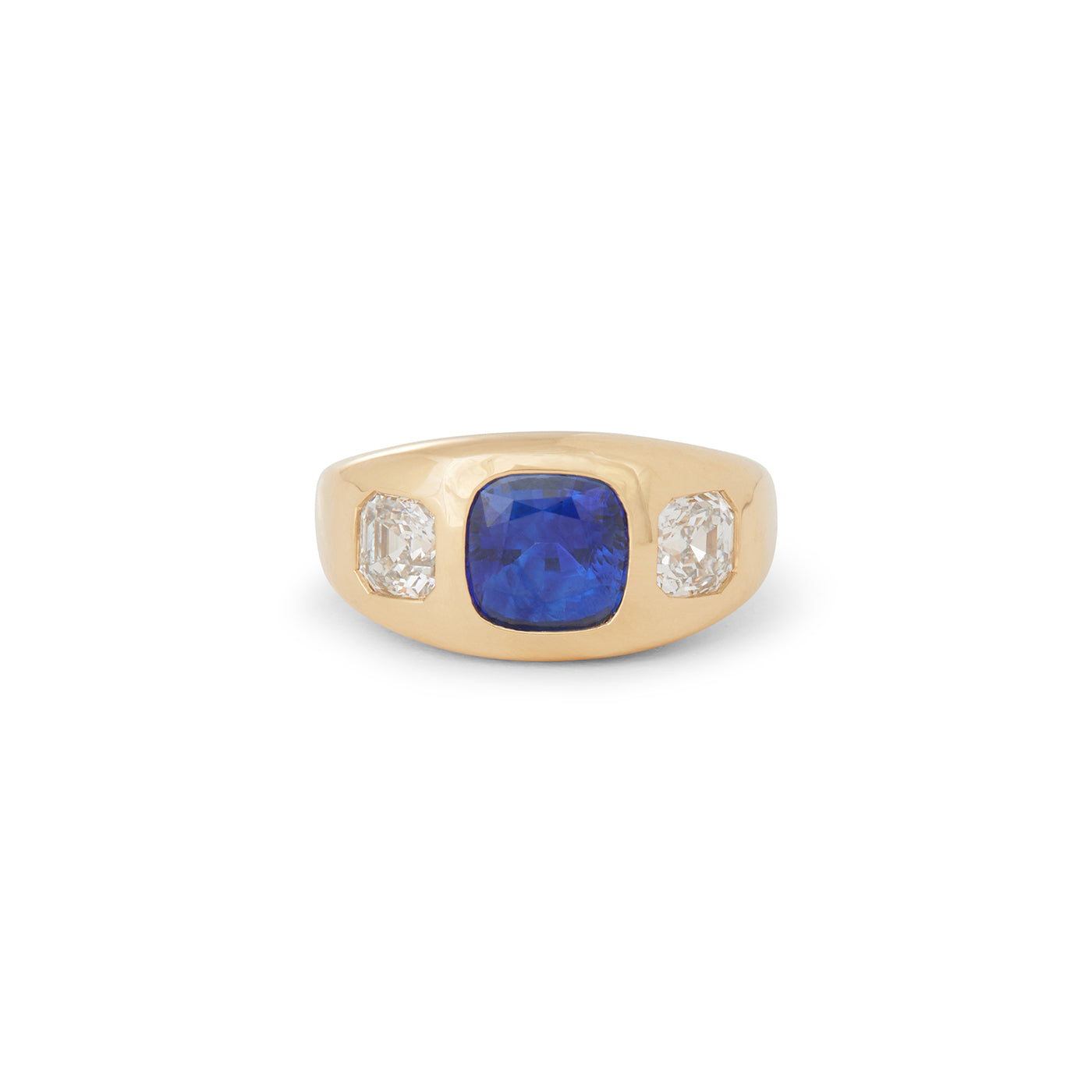 Cushion Sapphire and Asscher Diamond Dome Ring