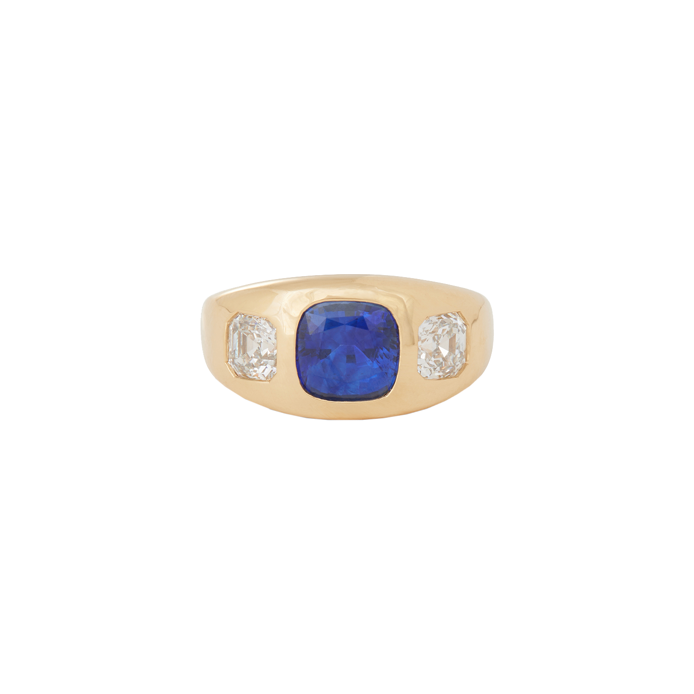 Cushion Sapphire and Asscher Diamond Dome Ring | Yellow Gold with Sapphires and Diamonds | Rings