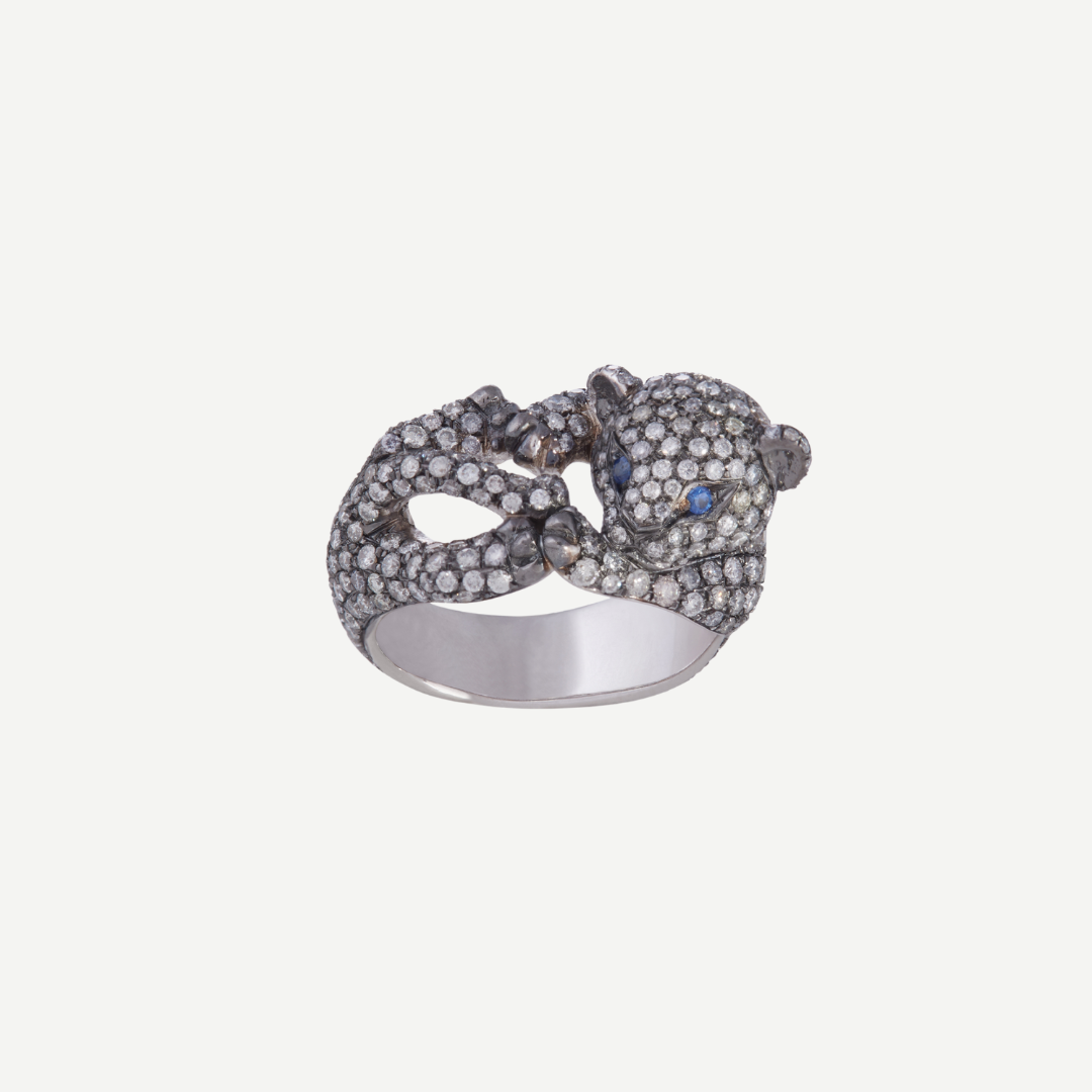 Kitty Kat Ring with Grey Diamonds and Sapphires