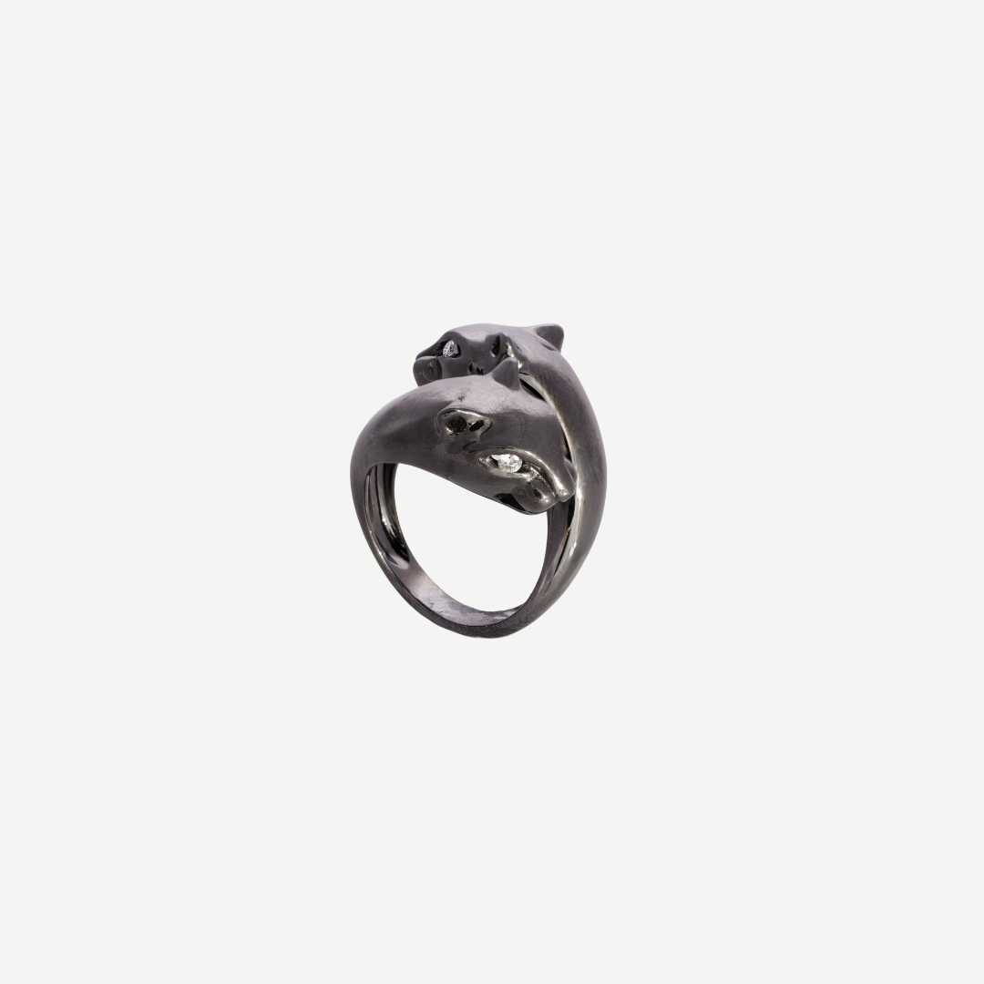 Petite Passionate Panther Ring in White Gold with Black Rhodium and Diamonds